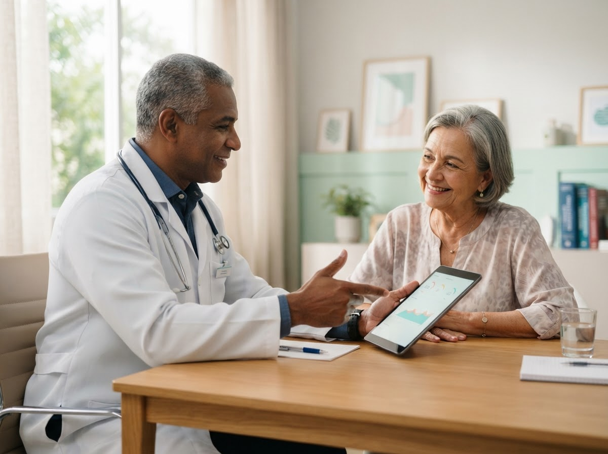 Médico conversando com paciente idosa no consultório