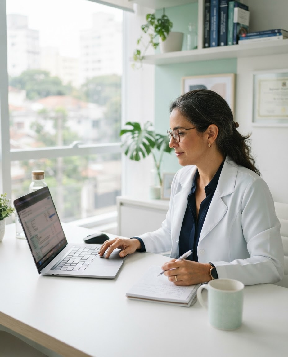 Médica revisando a lista de medicamentos do paciente no notebook