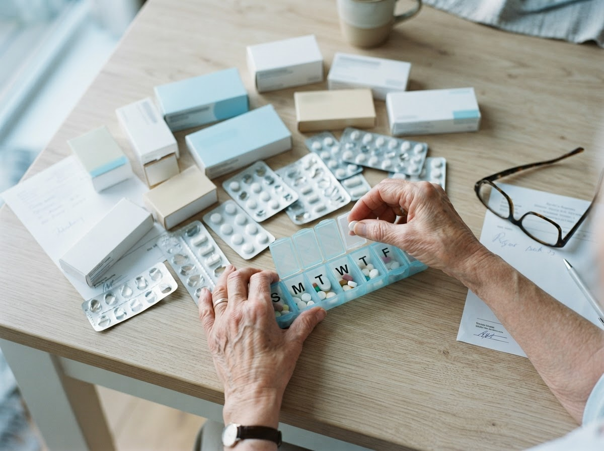 Mesa com diversos medicamentos, receitas e organizador de comprimidos